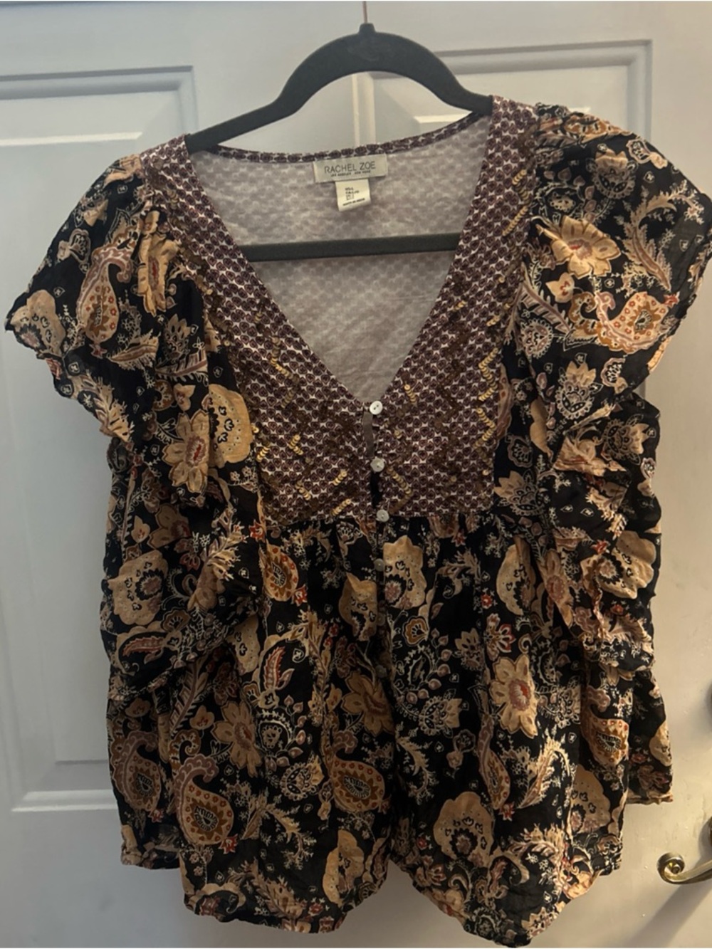 Rachel + Zoe Bohemian Style Navy Floral Ruffled Short Sleeve 100% Cotton Large